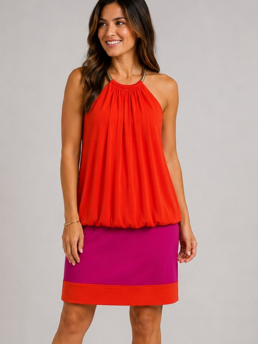 Laundry By Shelli Segal Red and Fuchsia Halter Colorblock Midi Dress